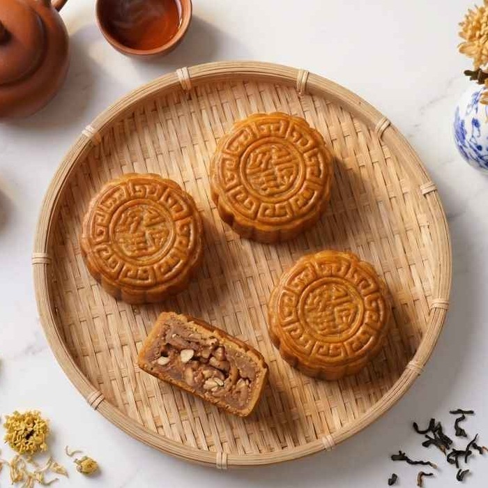 Mooncake with a sweet filling and a traditional design.