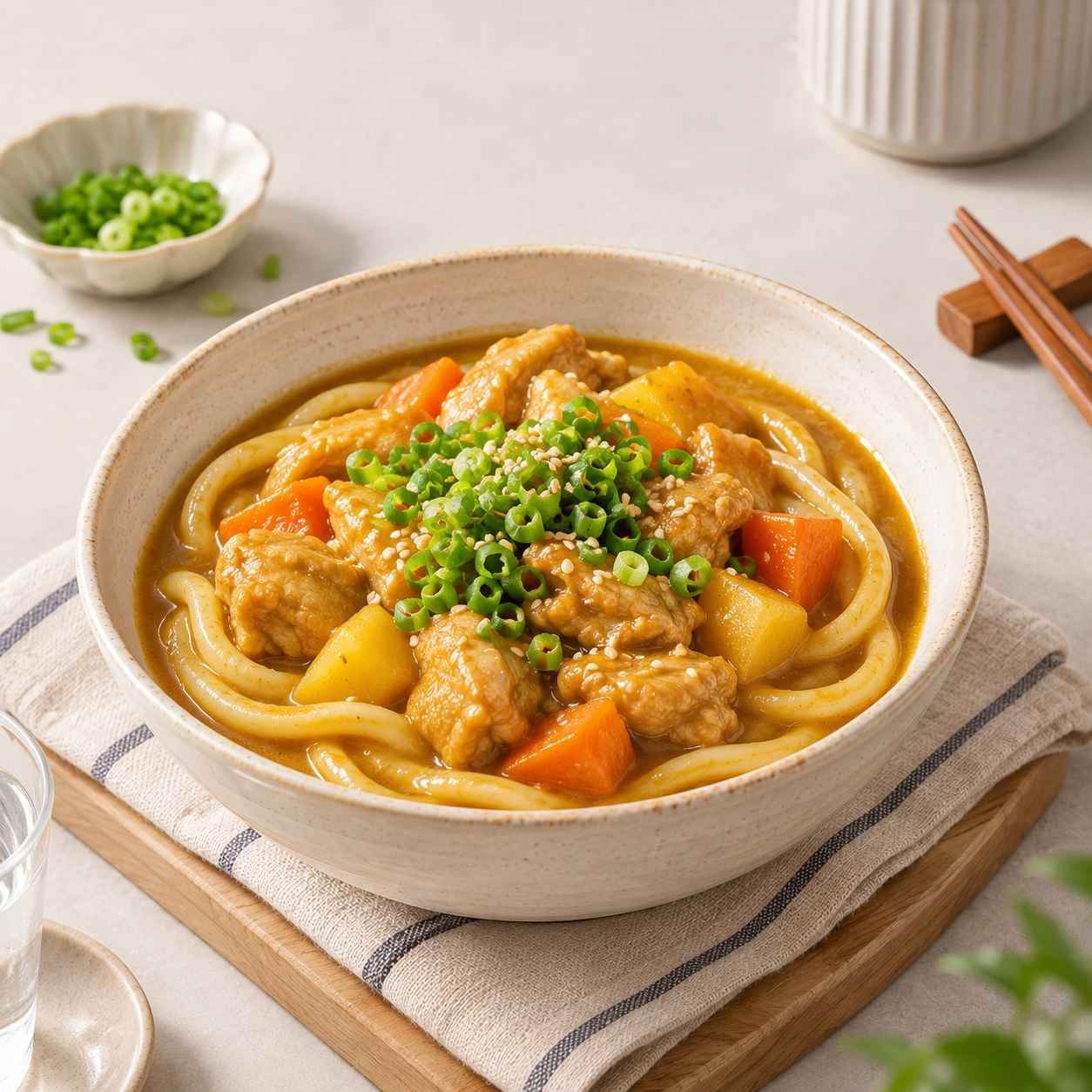 Udon noodles topped with chicken curry, carrots, and potatoes.
