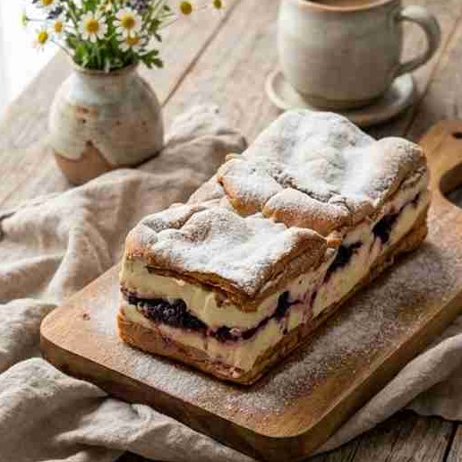Cream puff cake layered with cream filling and blueberry jam.